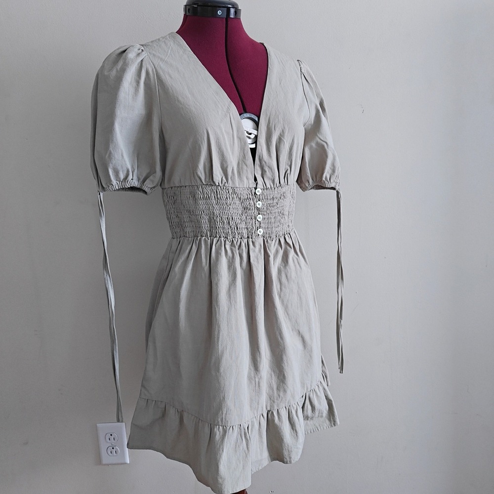 Blue Blush Sage Green Smocked Waist Puff Sleeve Ruffle Mini Dress Medium V-Neck